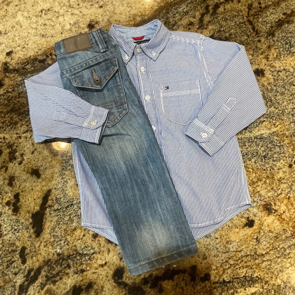 Like New Tommy Hilfiger Jeans Button Up Shirt Outfit Set 2T/3T Baby Boys Easter